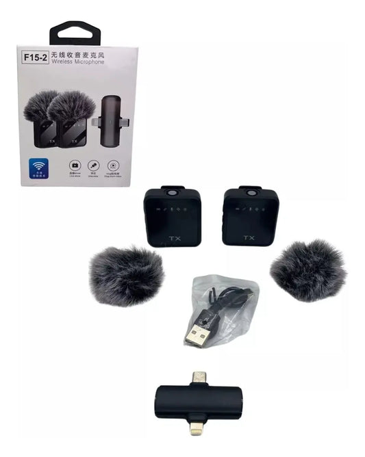 🎙️ Sistema de Micrófonos Inalámbricos Dobles F15-2 | Reducción de Ruido y Conectividad Dual para Smartphone ✨