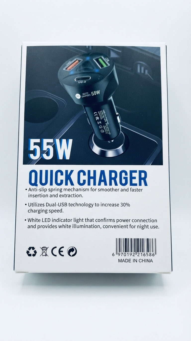 Cargador De Carro Rápido 55W Dual USB Y Tipo C Con Luz LED 🚗⚡📱