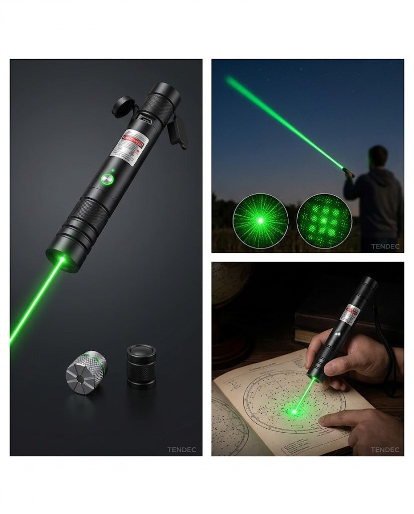 🟢 Señalador Láser Verde de Largo Alcance Recargable USB con Cabezal Multipunto y Enfoque 🔦✨