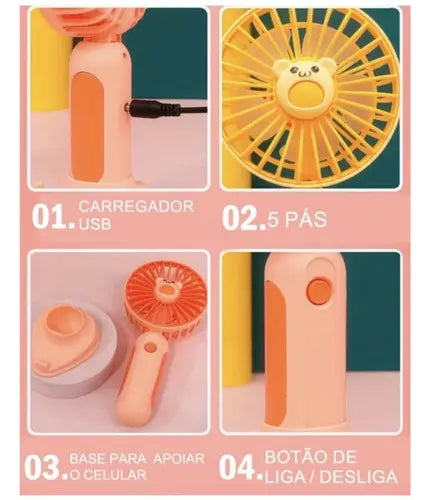 🐻 Mini Ventilador Portátil Recargable con Soporte para Celular 🐰