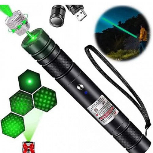 🟢 Señalador Láser Verde de Largo Alcance Recargable USB con Cabezal Multipunto y Enfoque 🔦✨