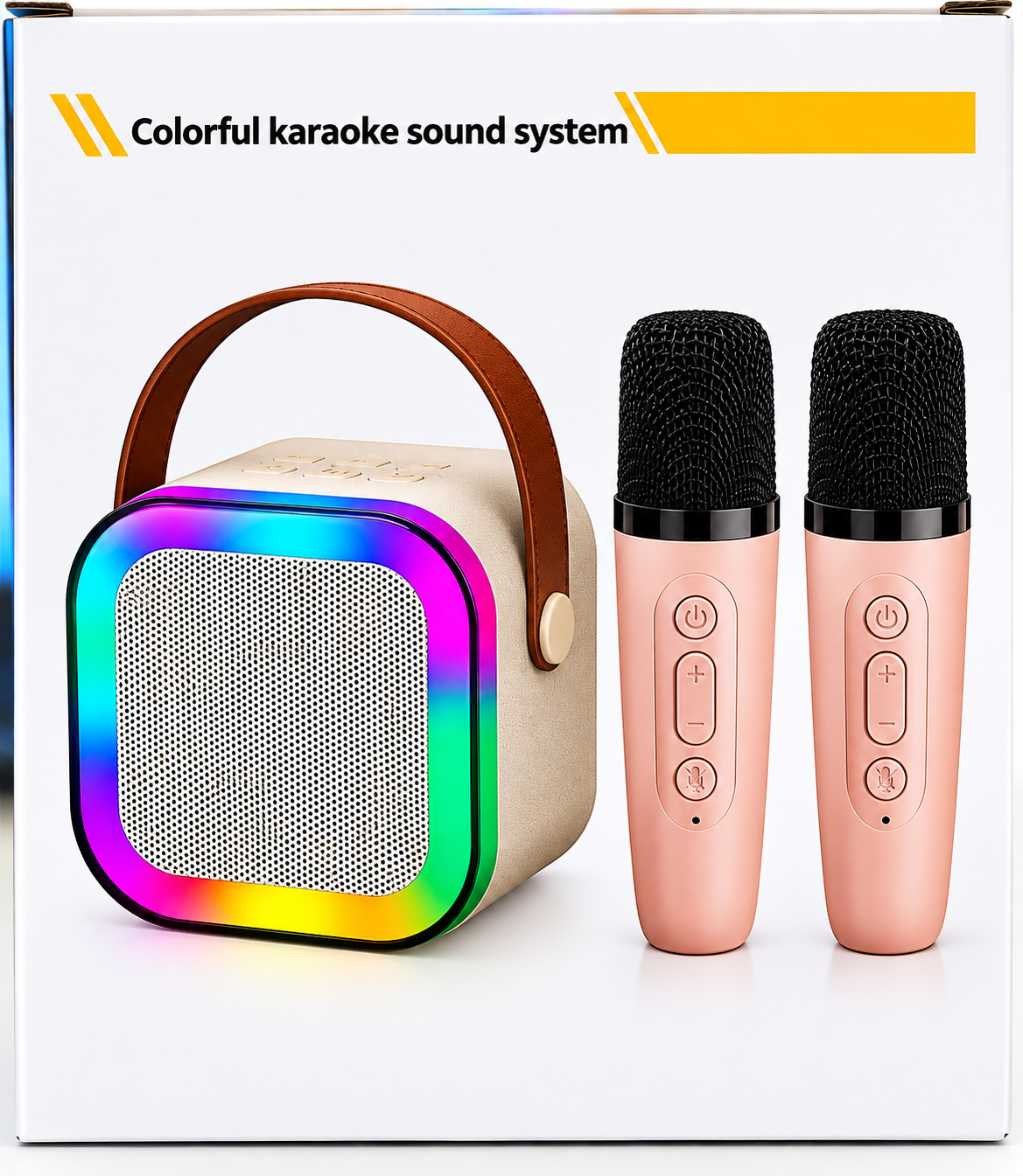 🎤 Mini Parlante Karaoke Portátil K12 con Dos Micrófono Inalámbrico y Luces LED RGB - Beige ✨