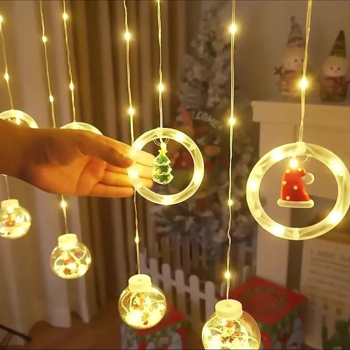 Cortina Cascada LED RGB Navideña: Esferas y Anillos Mágicos