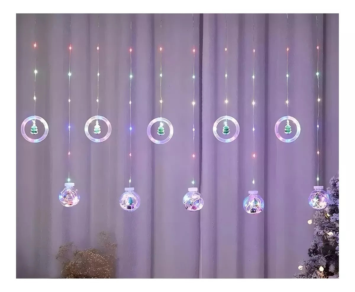 Cortina Cascada LED RGB Navideña: Esferas y Anillos Mágicos