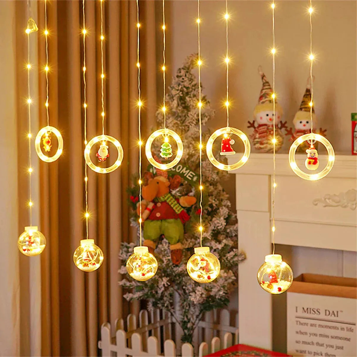 Cortina Cascada LED RGB Navideña: Esferas y Anillos Mágicos