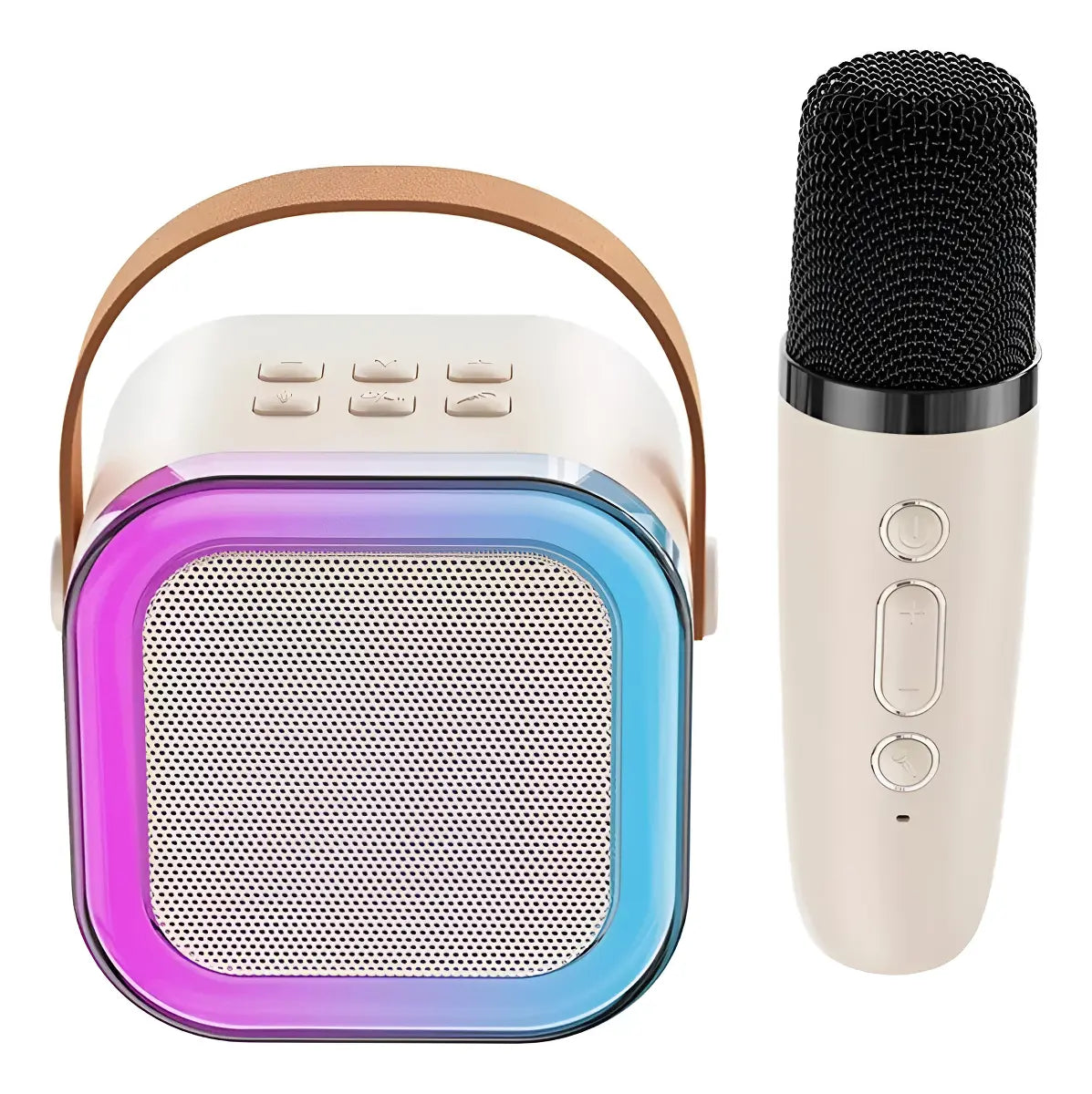 🎤 Mini Parlante Karaoke Portátil K12 con Micrófono Inalámbrico y Luces LED RGB - Beige ✨