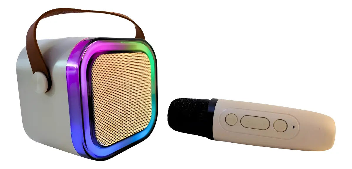 🎤 Mini Parlante Karaoke Portátil K12 con Micrófono Inalámbrico y Luces LED RGB - Beige ✨