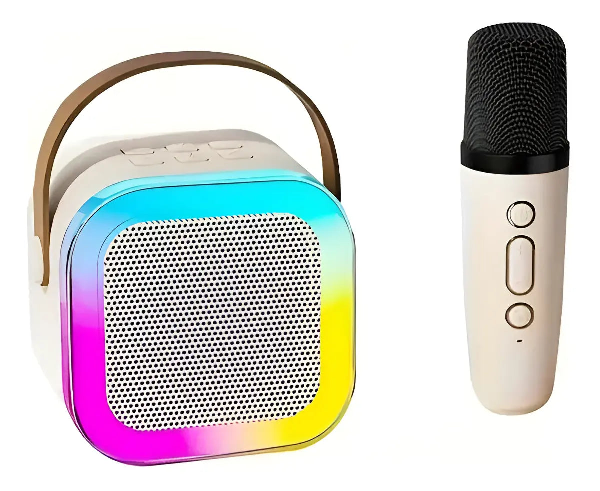 🎤 Mini Parlante Karaoke Portátil K12 con Micrófono Inalámbrico y Luces LED RGB - Beige ✨