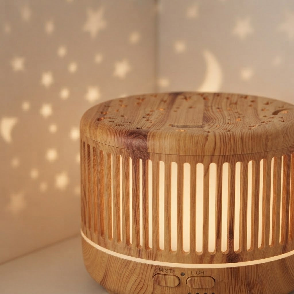 ✨ Difusor de Aromas Ultrasónico Estilo Madera con Proyección de Estrellas 🌌