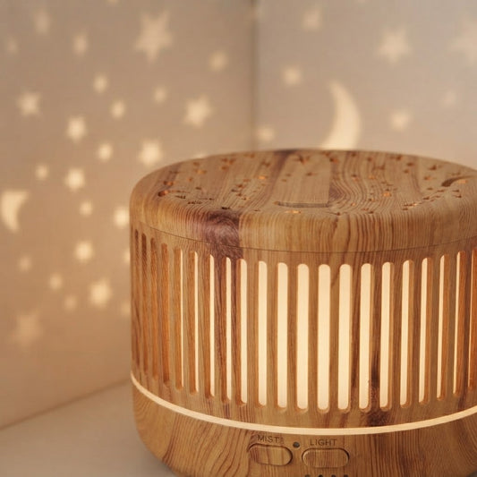 ✨ Difusor de Aromas Ultrasónico Estilo Madera con Proyección de Estrellas 🌌