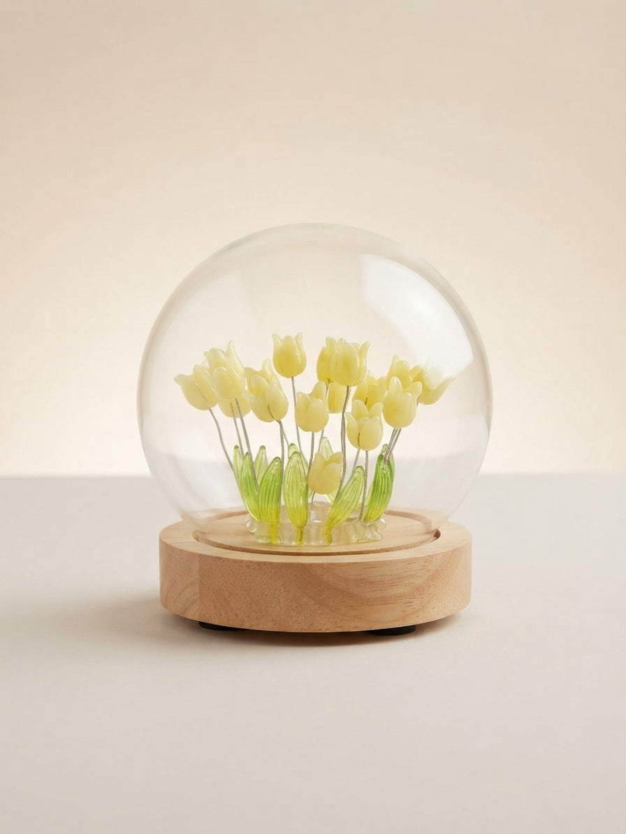 Lámpara LED De Tulipanes En Cúpula De Cristal Con Base De Madera 🌷✨