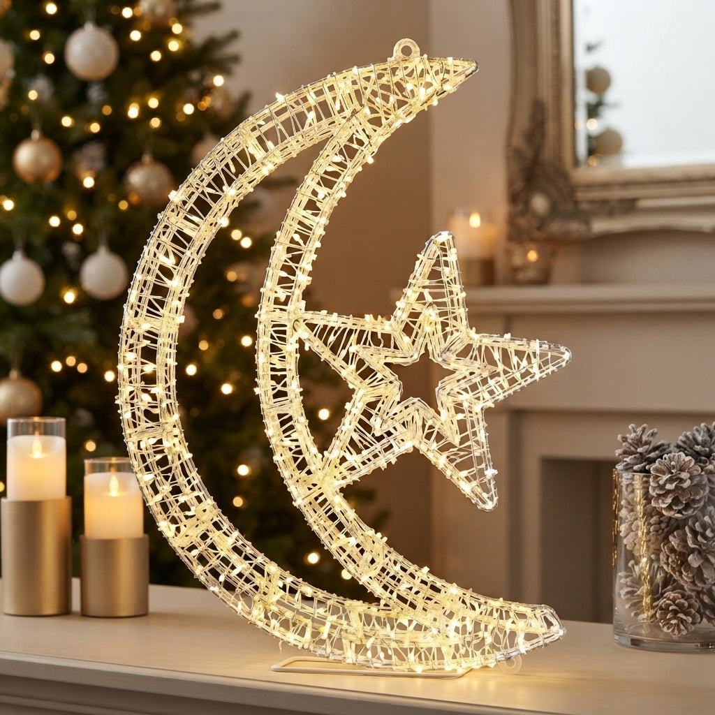 Adorno Navideño Colgante de Luna y Estrella con Luces LED Brillantes 🌙⭐✨