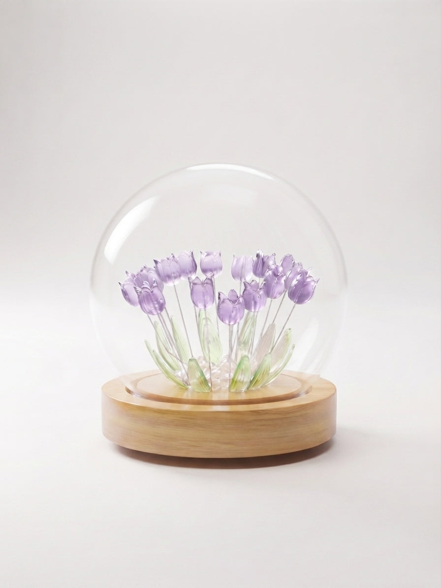 Lámpara LED De Tulipanes En Cúpula De Cristal Con Base De Madera 🌷✨