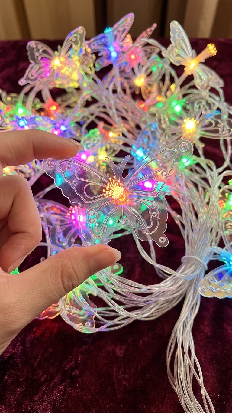 🦋 Cortina Navideña Luces LED Cascada de Mariposas Multicolor e Iridiscentes ✨