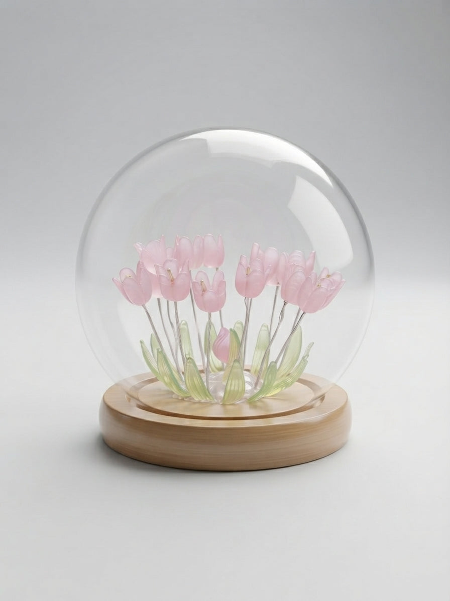 Lámpara LED De Tulipanes En Cúpula De Cristal Con Base De Madera 🌷✨