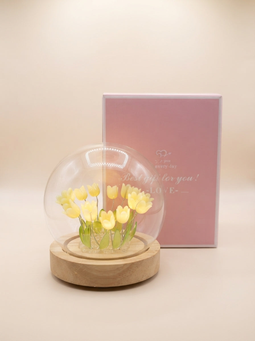 Lámpara LED De Tulipanes En Cúpula De Cristal Con Base De Madera 🌷✨