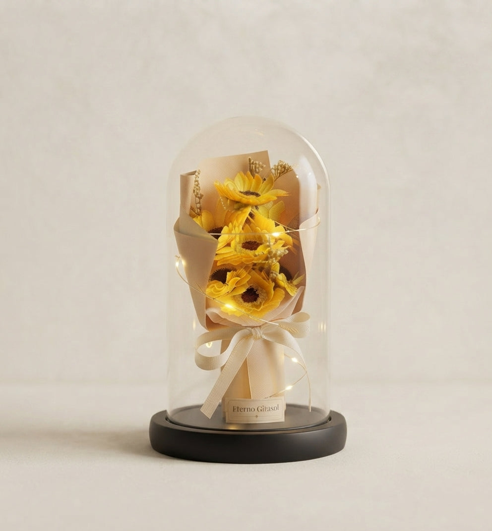 Girasol Eterno con Luces LED en Cúpula de Cristal