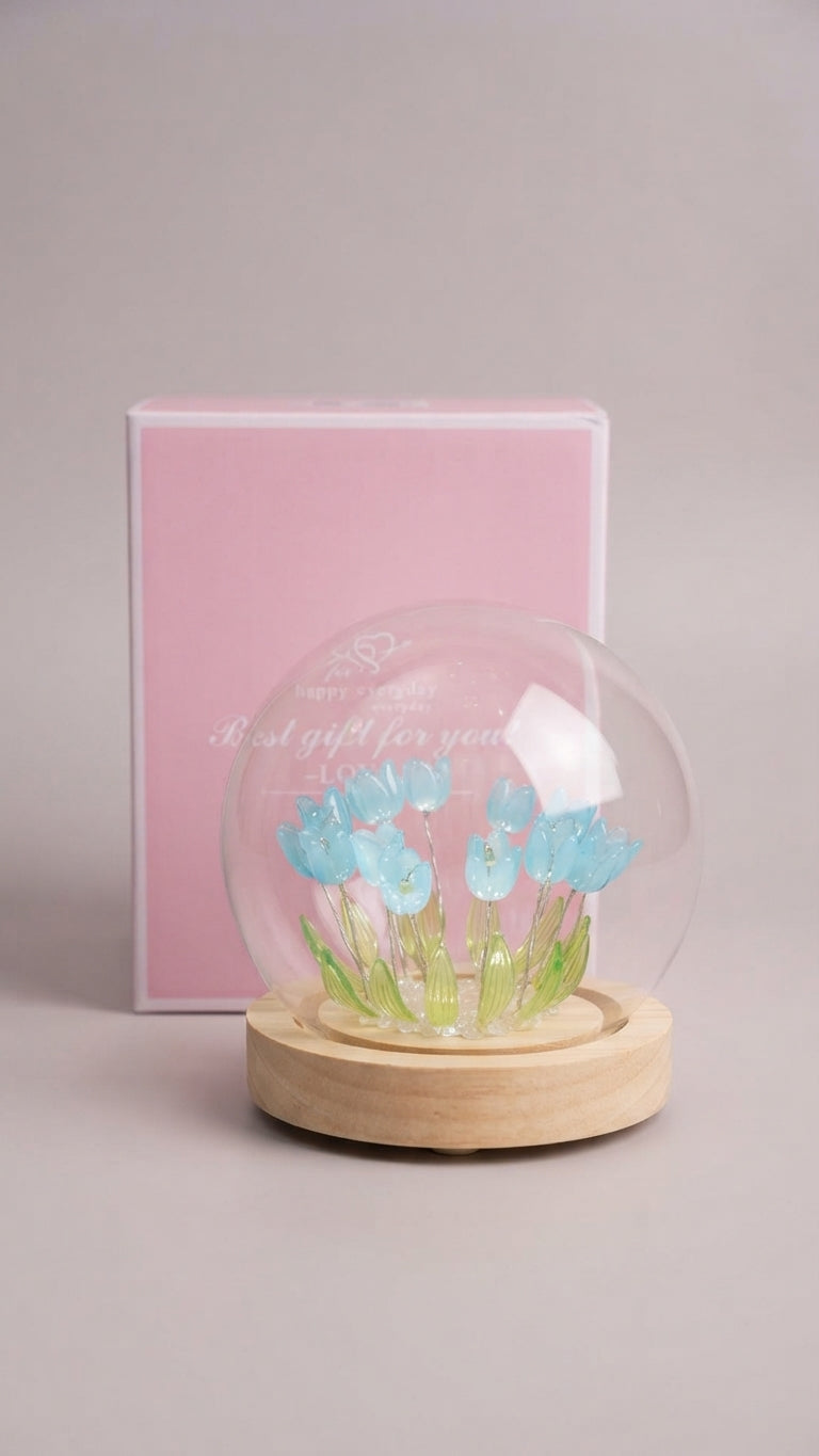 Lámpara LED De Tulipanes En Cúpula De Cristal Con Base De Madera 🌷✨