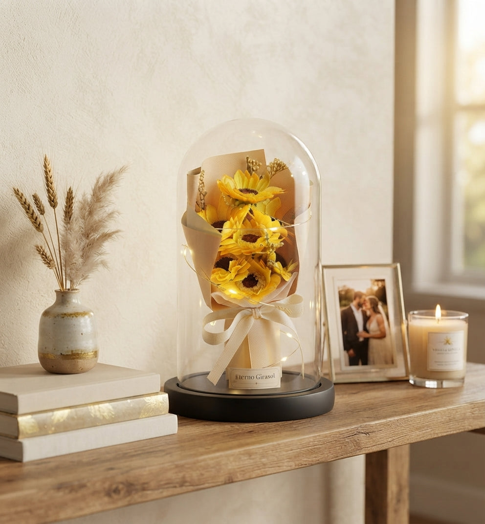 Girasol Eterno con Luces LED en Cúpula de Cristal