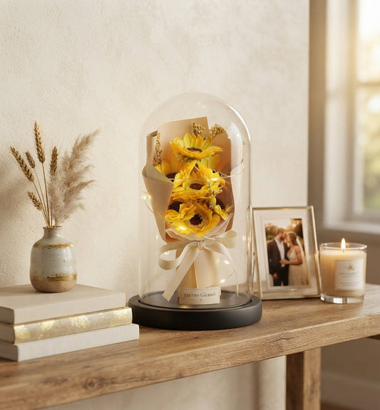 Girasol Eterno con Luces LED en Cúpula de Cristal