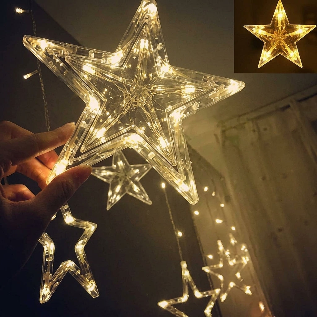 ⭐ Cortina Navideña Luces LED Cascada de Estrellas Solo Estrellas - Luz Cálida ✨