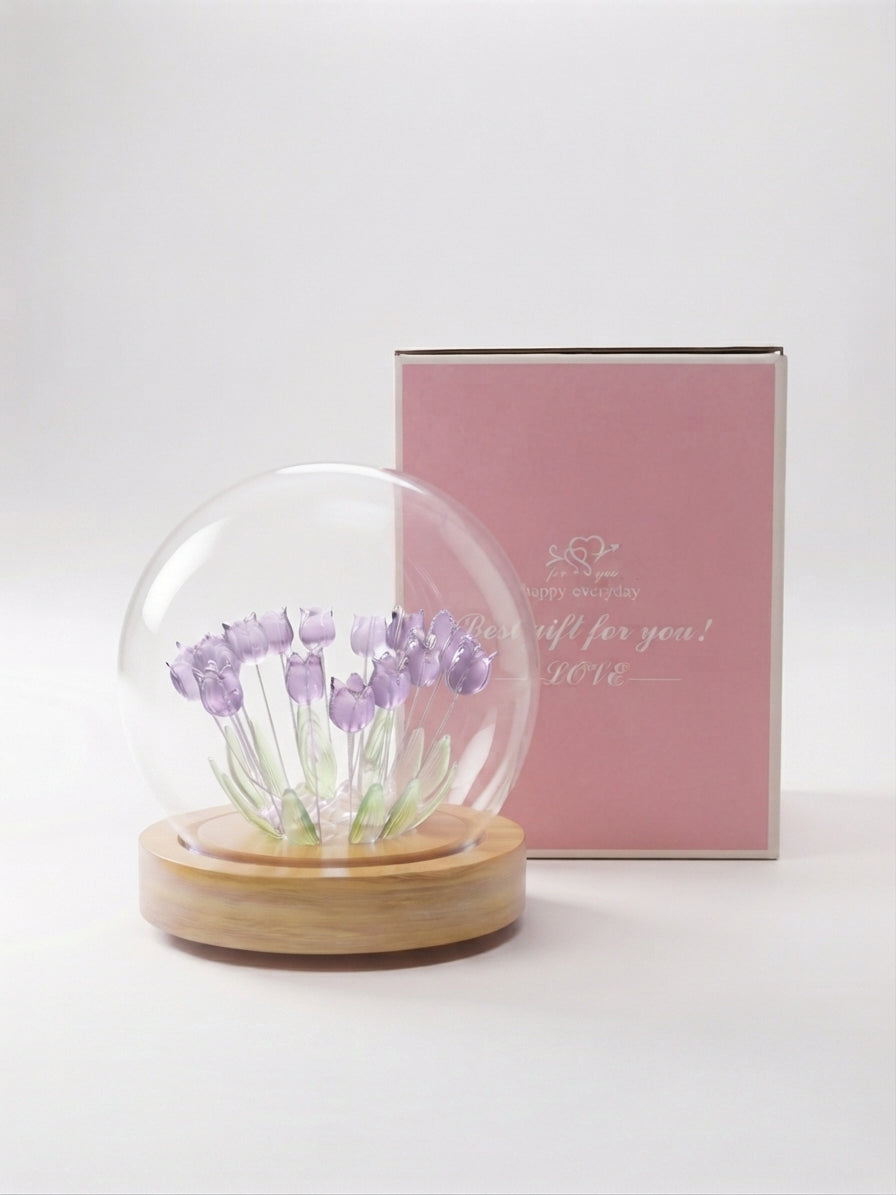 Lámpara LED De Tulipanes En Cúpula De Cristal Con Base De Madera 🌷✨