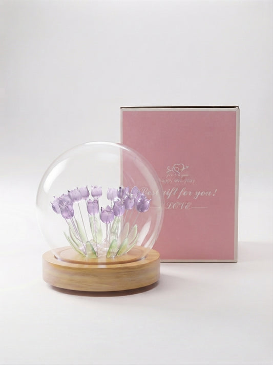 Lámpara LED De Tulipanes En Cúpula De Cristal Con Base De Madera 🌷✨
