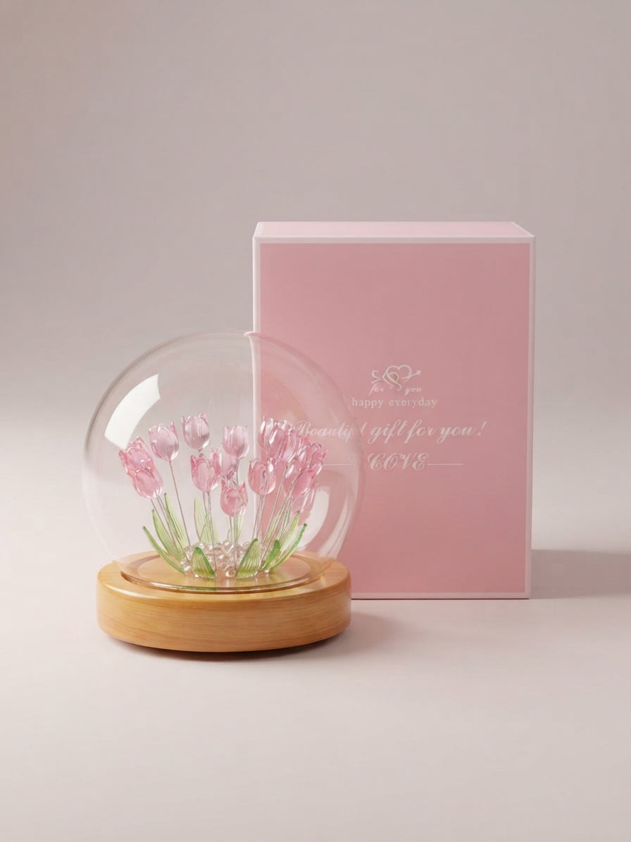 Lámpara LED De Tulipanes En Cúpula De Cristal Con Base De Madera 🌷✨