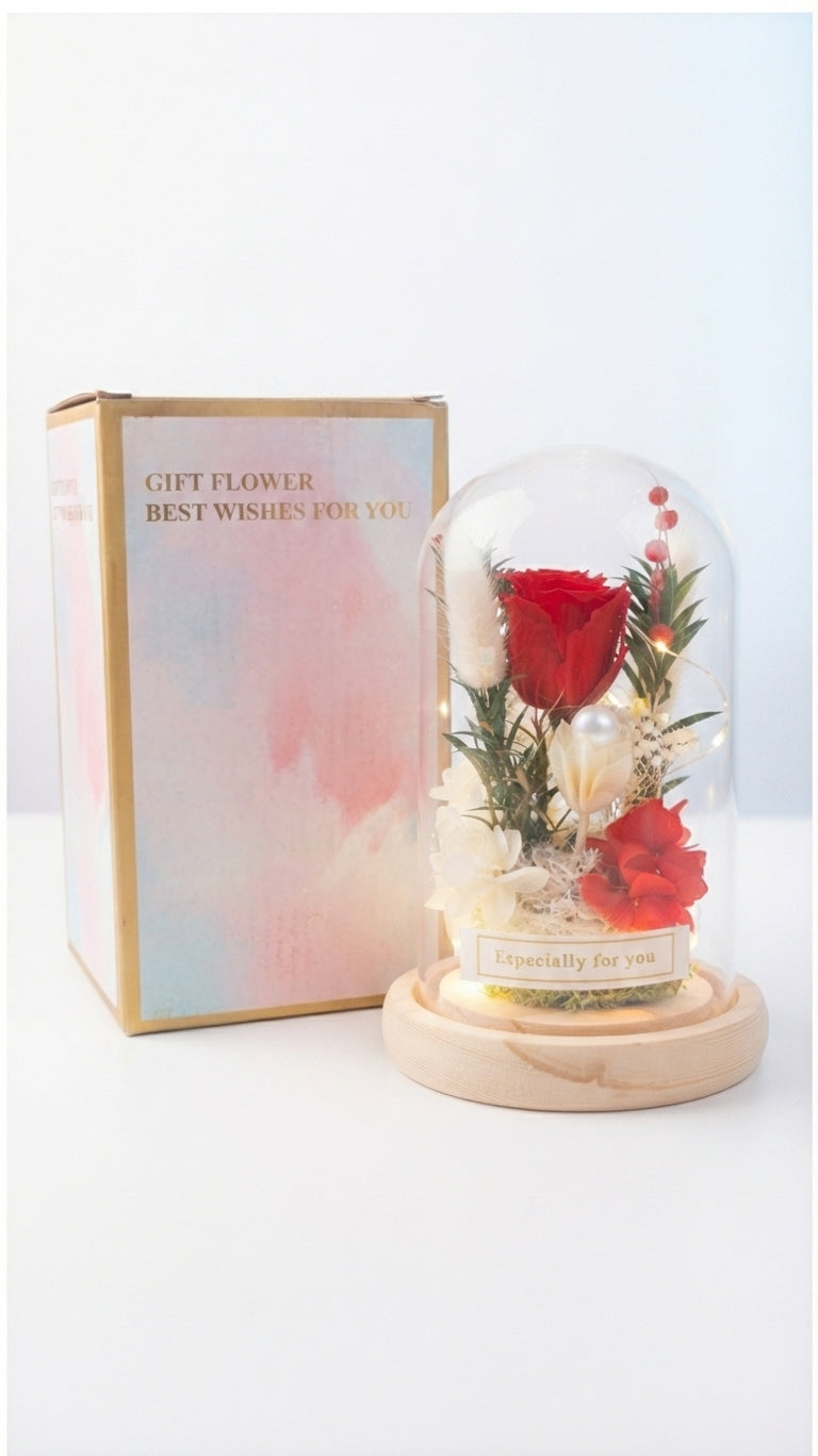🌹 Cúpula de Cristal con Rosa Eterna y Luces LED ✨ 🎁