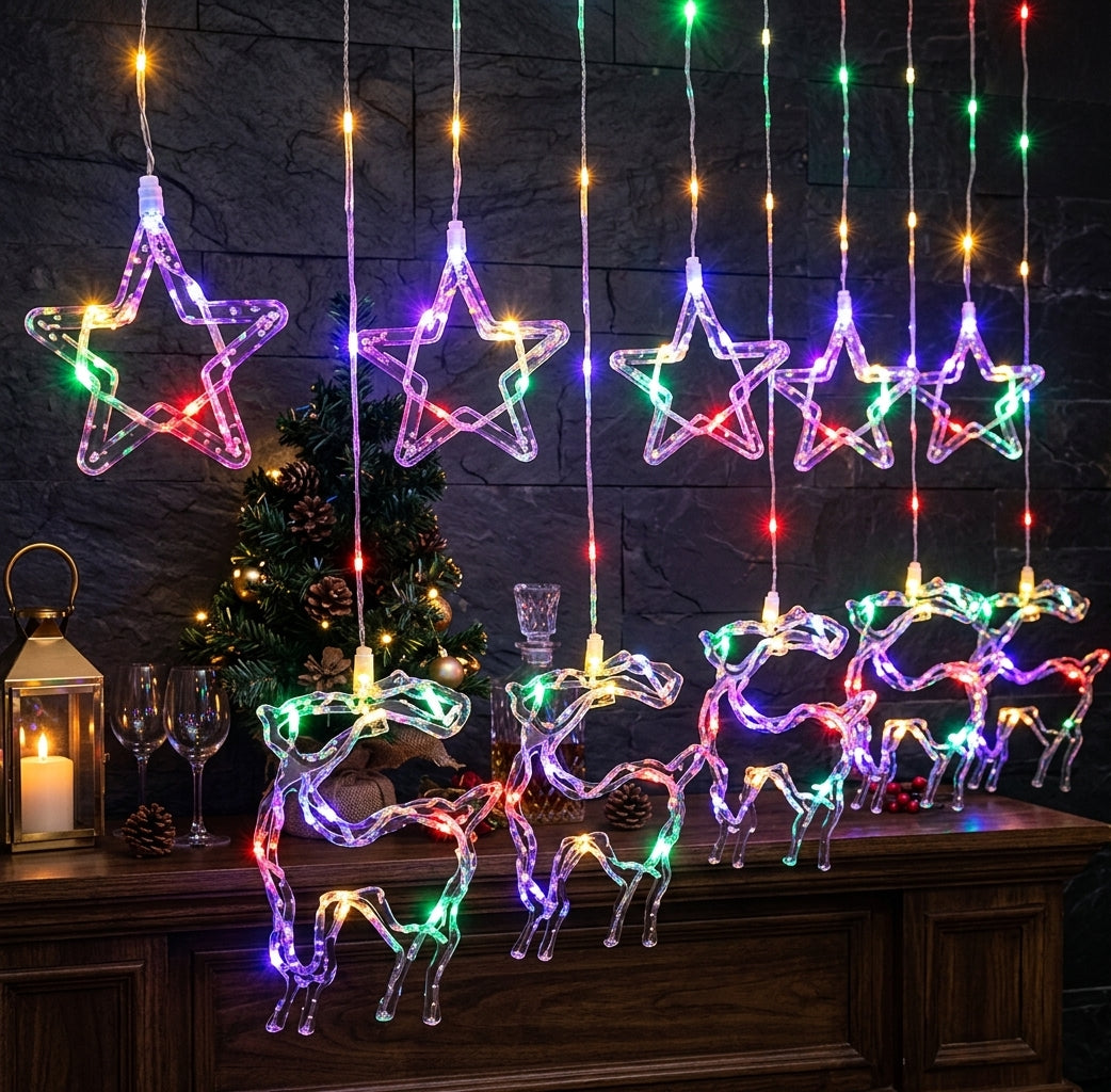 ✨ Cortina de Luces Navideñas Mágica: Figuras de Reno y Estrella 🦌⭐