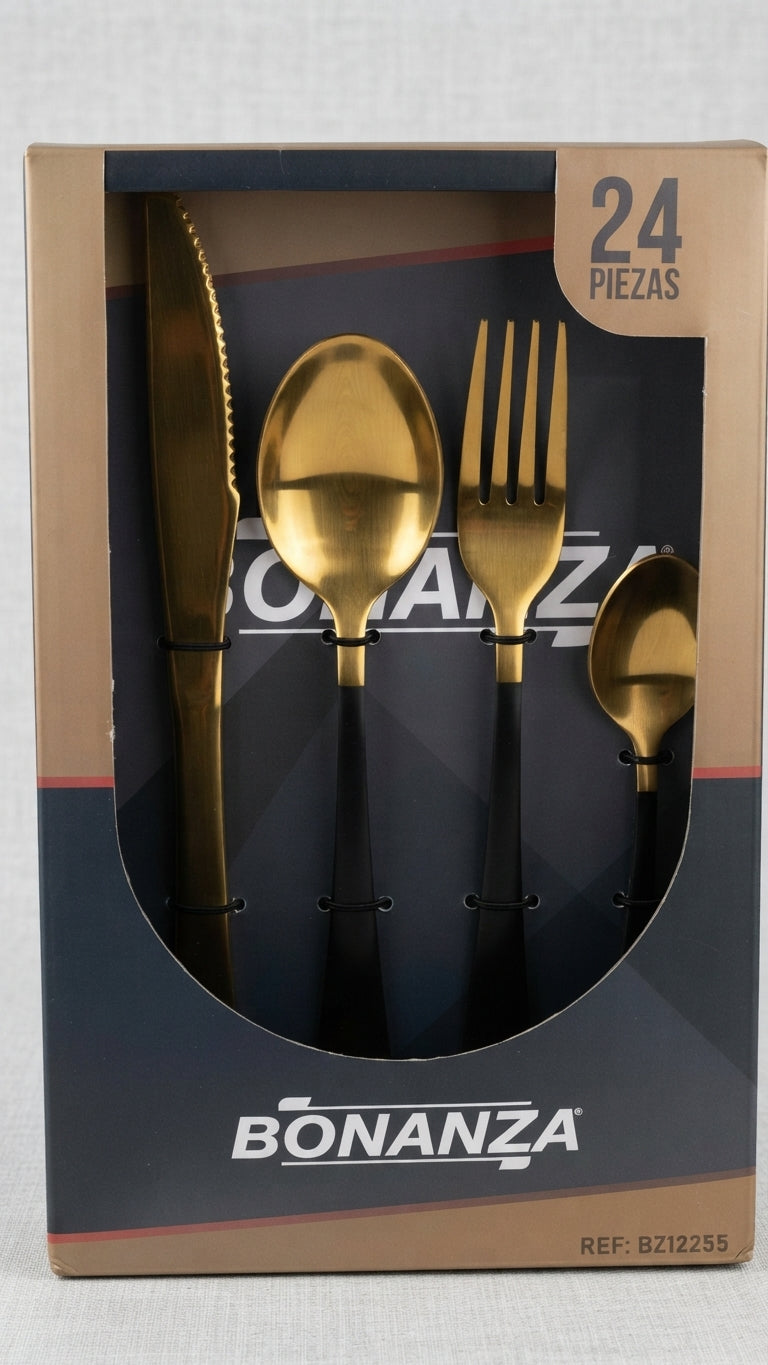 🍽️ JUEGO DE CUBIERTOS BONANZA 24 PIEZAS - ACABADO DORADO ✨