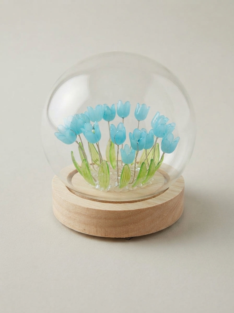 Lámpara LED De Tulipanes En Cúpula De Cristal Con Base De Madera 🌷✨