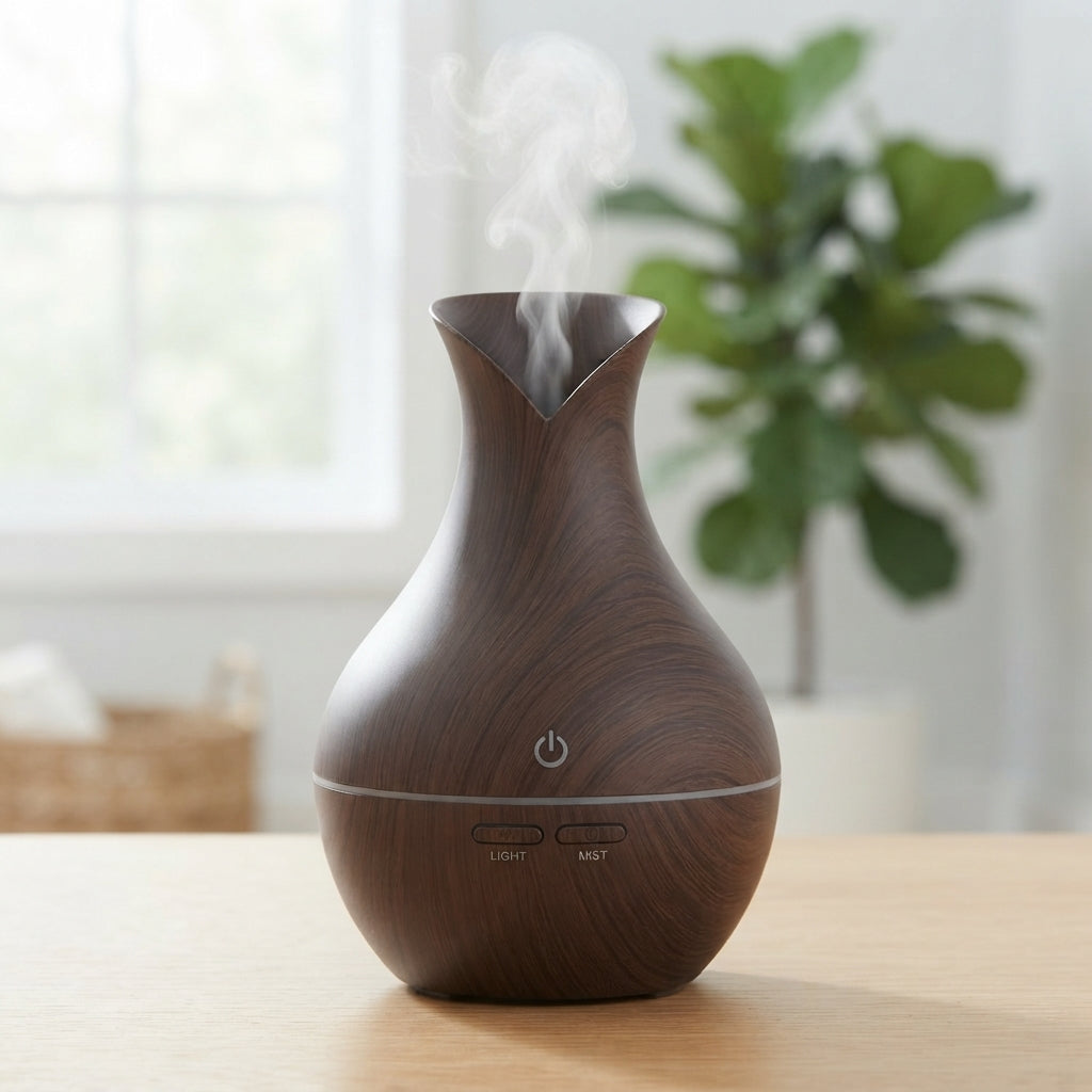 🌸🪵 Humidificador y Difusor de Aromas Ultrasónico con Diseño de Florero de Madera Oscura 💧✨