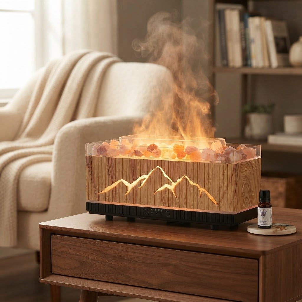 🔥 Humidificador y Difusor de Aromas con Efecto Llama y Piedras de Sal de Himalaya ✨
