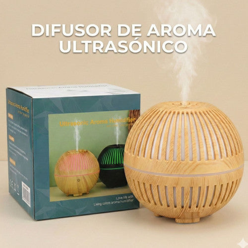 Humidificador Difusor de Aromas Ultrasónico Esférico Tipo Madera con Luz LED