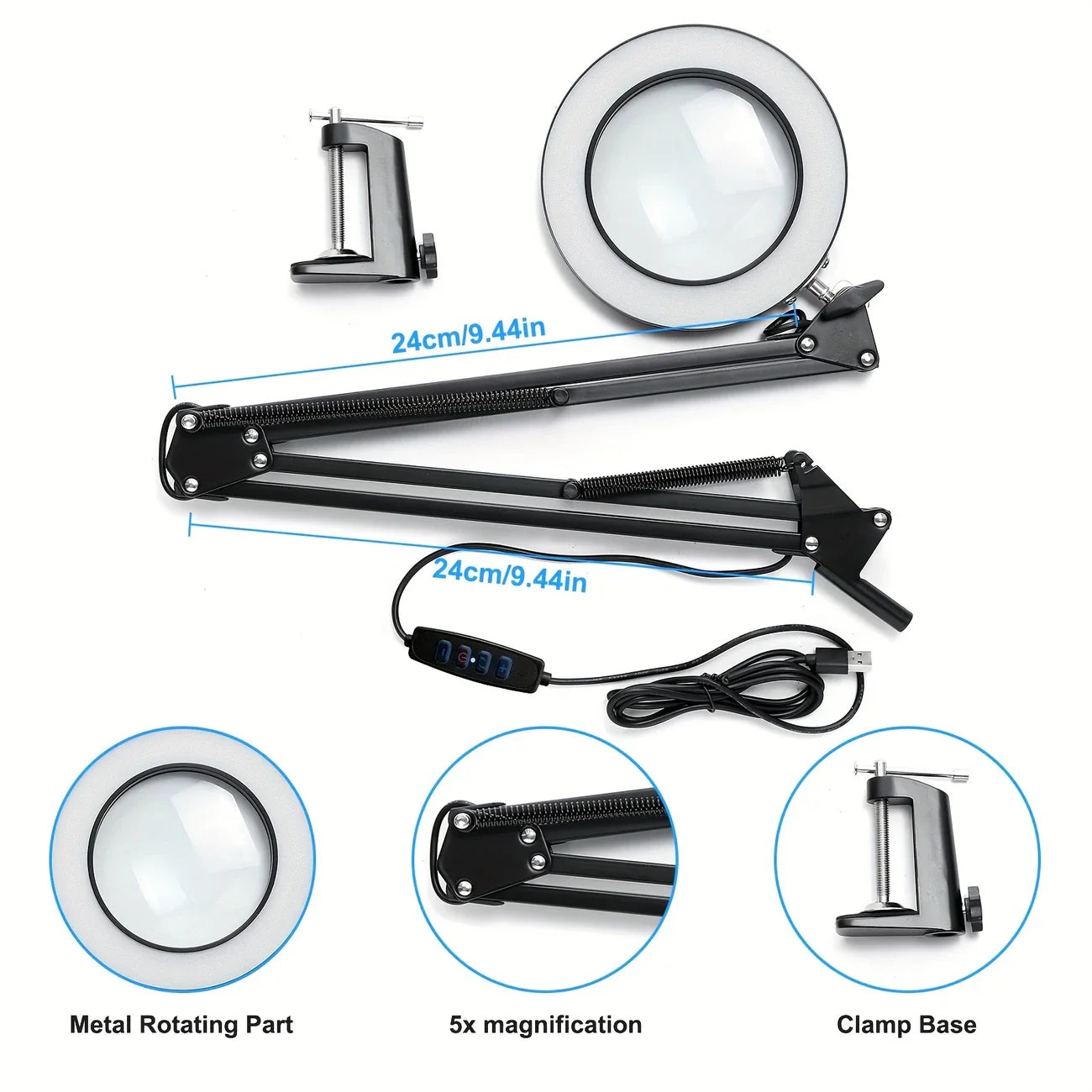 Lupa de Escritorio con Luz LED y Soporte Ajustable