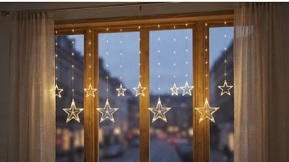 🌟 Cortina Cascada de Luces Navideñas LED 3D con 10 Estrellas 🌟