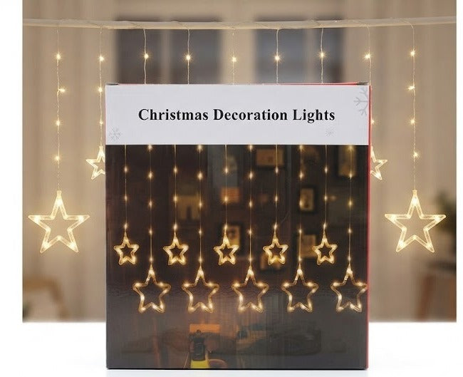 🌟 Cortina Cascada de Luces Navideñas LED 3D con 10 Estrellas 🌟