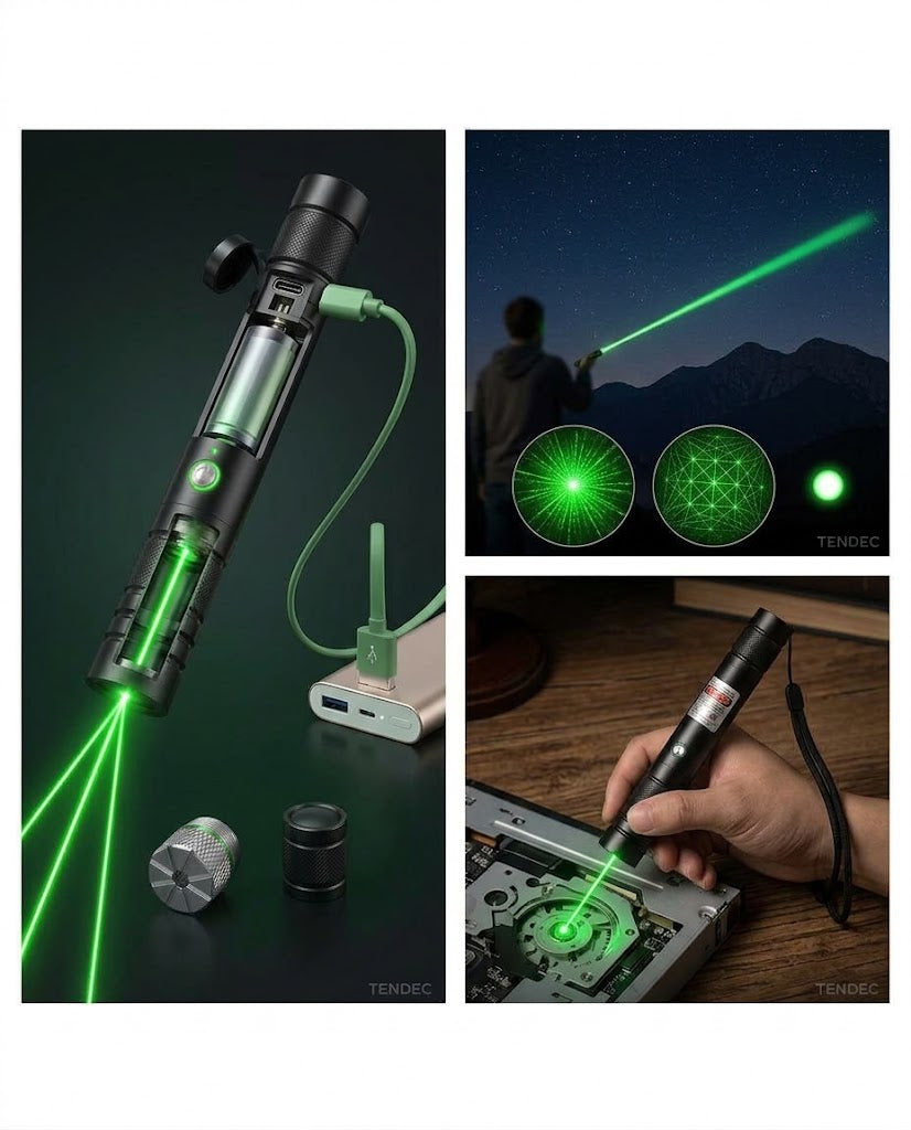 🟢 Señalador Láser Verde de Largo Alcance Recargable USB con Cabezal Multipunto y Enfoque 🔦✨