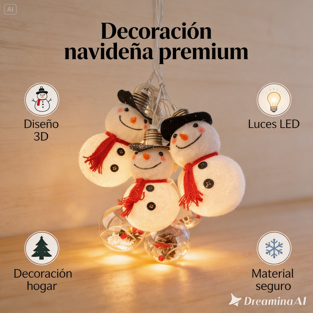 Guirnalda Luces Navideñas Adorno Muñeco De Nieve Y Esferas Con Papá Noel 🎄✨
