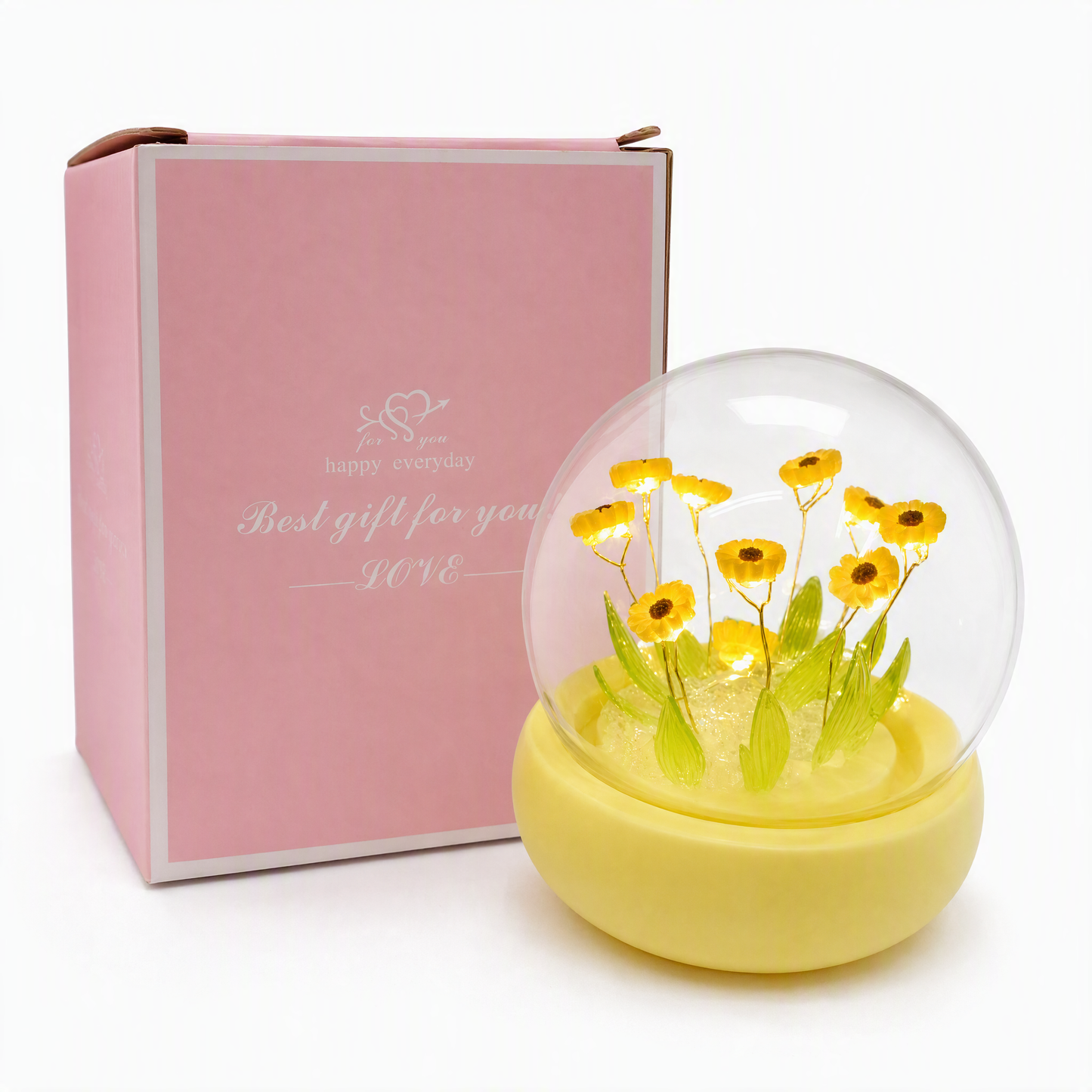 🌻 Cúpula Decorativa de Girasoles LED con Base Roja y Caja de Regalo 🎁✨