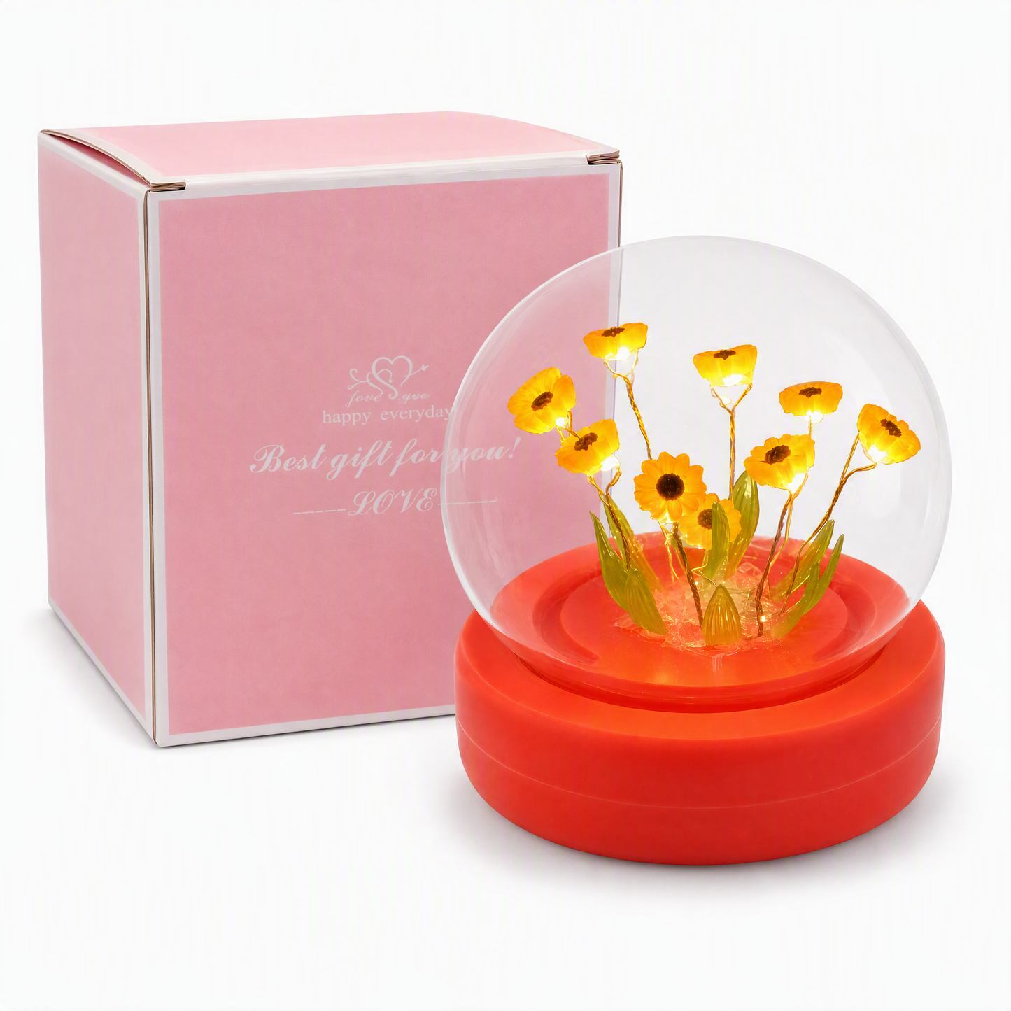 🌻 Cúpula Decorativa de Girasoles LED con Base Roja y Caja de Regalo 🎁✨